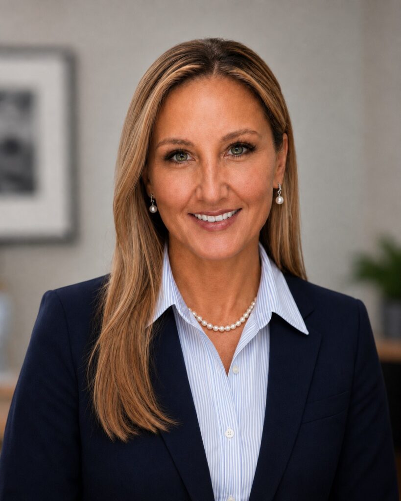 Jolene Maloney wearing a navy blazer and striped shirt in a formal portrait