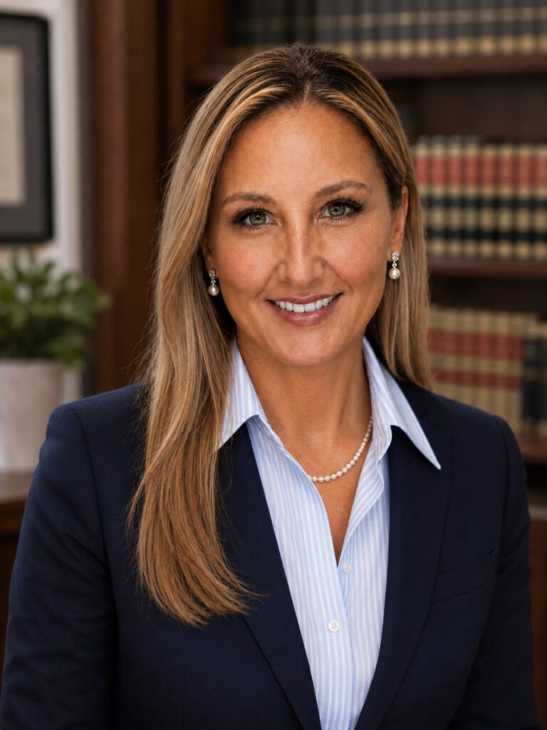 Jolene Maloney wearing a navy blazer and striped shirt in a portrait with books behind