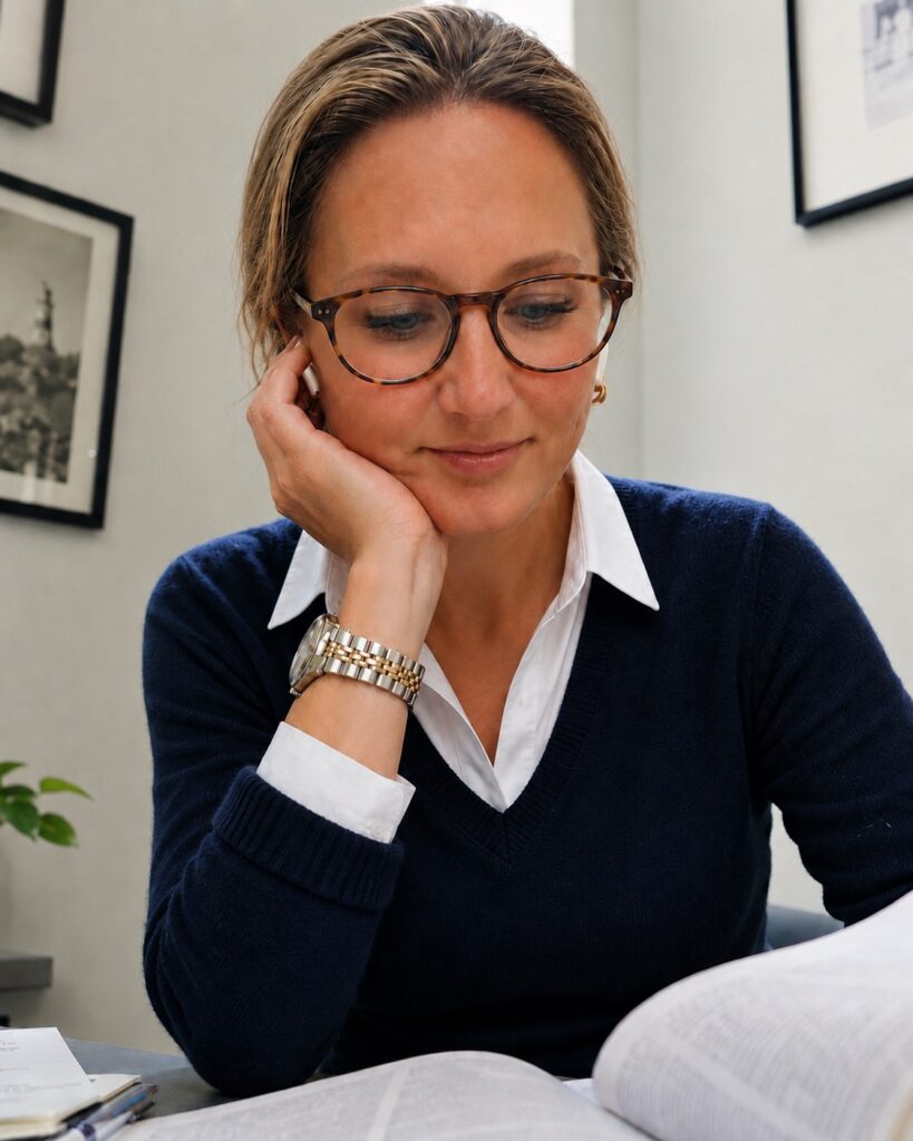 Jolene Maloney wearing glasses while looking down at papers on a desk