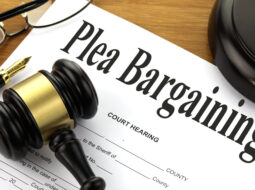 Plea bargain agreement documents with a judge gavel in a courtroom